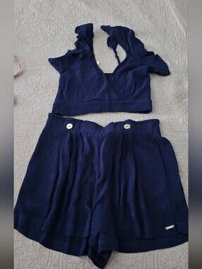 High-Waist Navy Two-Piece Shorts Set